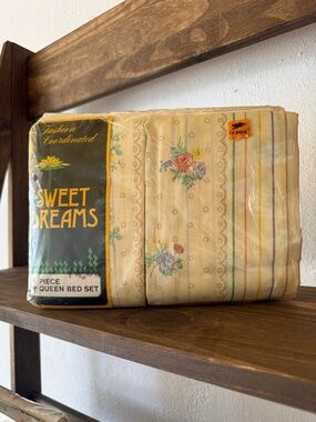 Vintage Sweet Dreams Queen Sheet Set NOS Cottagecore Floral Stripe 4pc Farmhouse